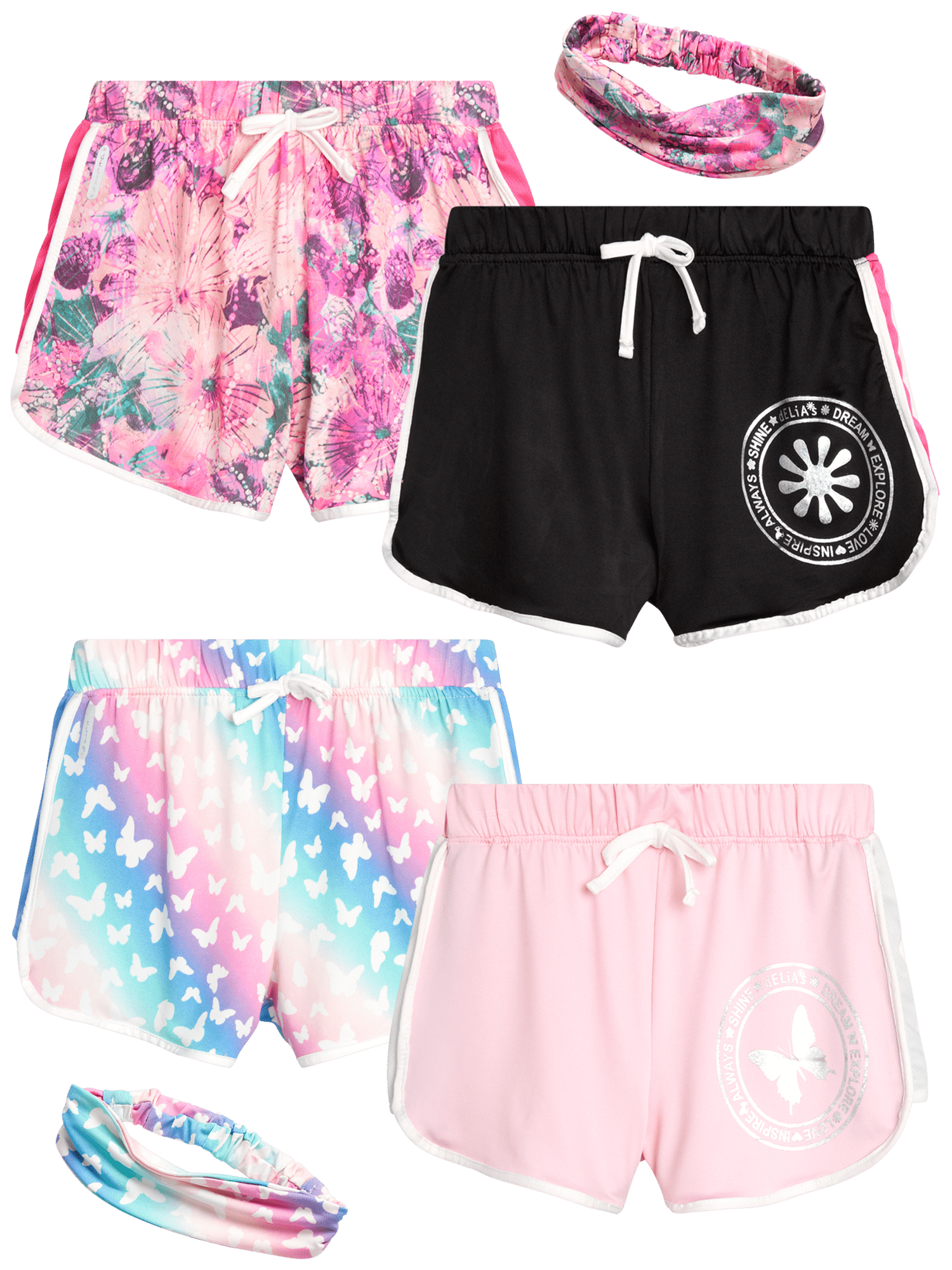delia-s-girls-4-pack-athletic-gym-dolphin-running-shorts-with-headband