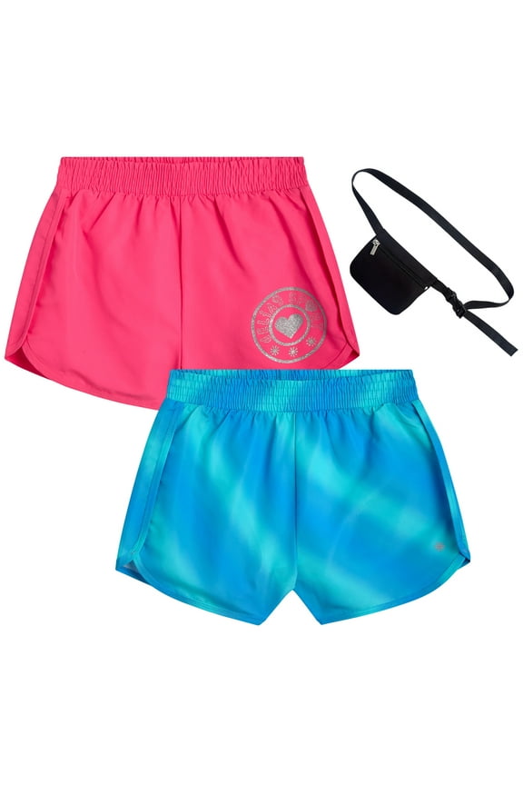 Girls Athletic Shorts - 2 Pack Running Dophin Shorts for Girls with Fanny Pack (Sizes: 7-16)