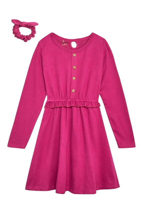 Girls' Dress- Long Sleeve Dress for Girls, Dress with Matching Scrunchie (7-16)