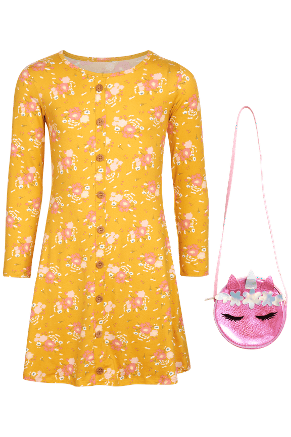 Girls' Dress - Super Soft Casual Long Sleeve Dress with Purse (7-16)