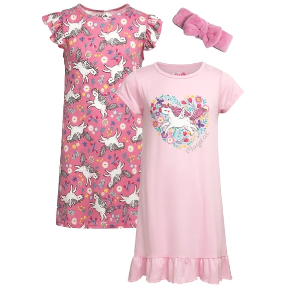 dELiA*s Girls' Nightgown Pajamas - 2 Pack Ruffle Trim Sleep Dress with Hair Scrunchie (Sizes: 4-14)