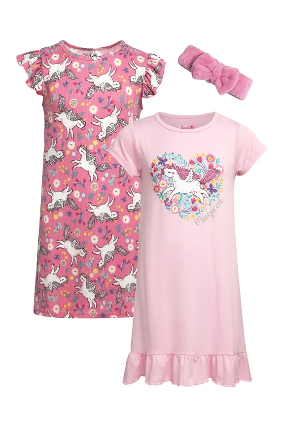 Girls' Nightgown Pajamas - 2 Pack Ruffle Trim Sleep Dress with Hair Scrunchie (Sizes: 4-14)