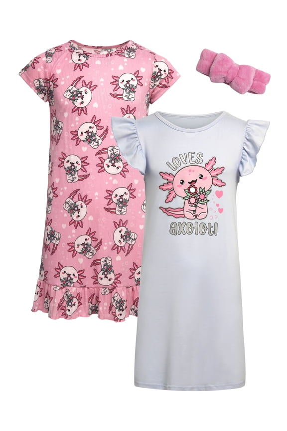 Girls Nightgowns Ruffle Trim Short Sleeve Pajama Sleep Dress with Hair Scrunchie 2 Pack