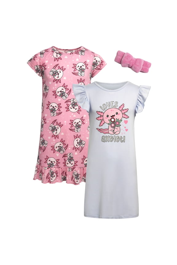 Girls Nightgowns Ruffle Trim Short Sleeve Pajama Sleep Dress with Hair Scrunchie 2 Pack
