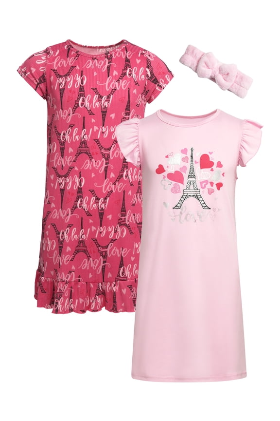 Girls' Nightgown Pajamas - 2 Pack Ruffle Trim Sleep Dress with Hair Scrunchie (Sizes: 4-14)