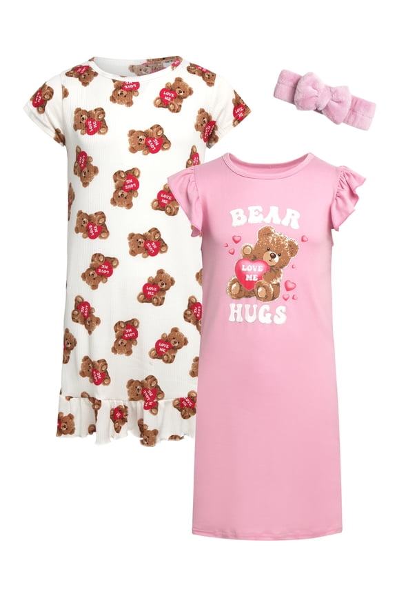 Girls' Nightgown Pajamas - 2 Pack Ruffle Trim Sleep Dress with Hair Scrunchie (Sizes: 4-14)