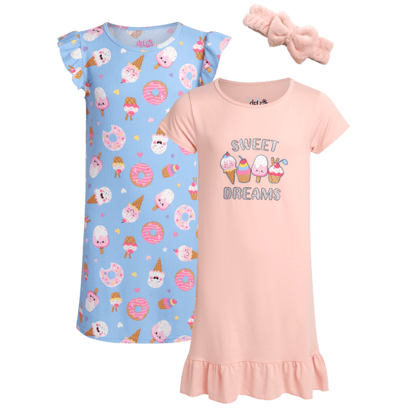 dELiA*s Girls Nightgowns Ruffle Trim Short Sleeve Pajama Sleep Dress with Hair Scrunchie 2 Pack