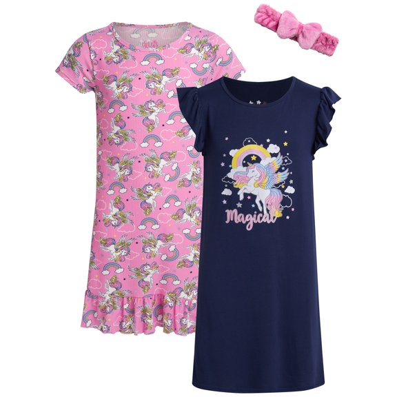 dELiA*s Girls' Nightgown Pajamas - 2 Pack Ruffle Trim Sleep Dress with Hair Scrunchie (Sizes: 4-14)