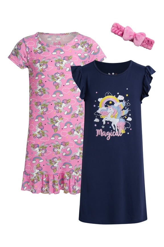 Girls' Nightgown Pajamas - 2 Pack Ruffle Trim Sleep Dress with Hair Scrunchie (Sizes: 4-14)