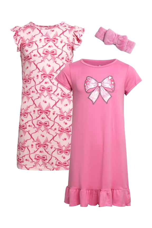 Girls' Nightgown Pajamas - 2 Pack Ruffle Trim Sleep Dress with Hair Scrunchie (Sizes: 4-14)