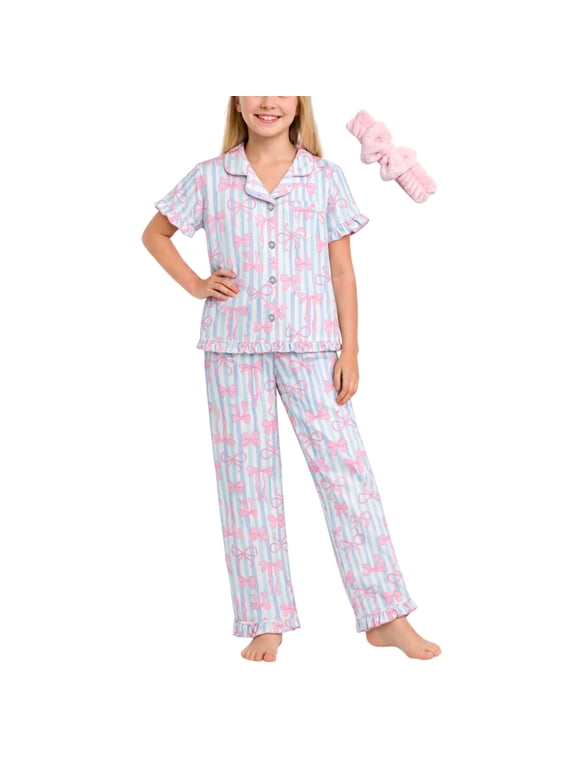 Girls Pajama Set Soft Cozy Button Down Sleepwear Pajamas for Girls with Spa Headband 2 Piece