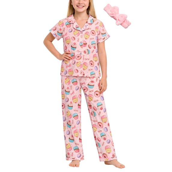 dELiA*s Girls Pajama Set Soft Cozy Button Down Sleepwear Pajamas for Girls with Spa Headband 2 Piece