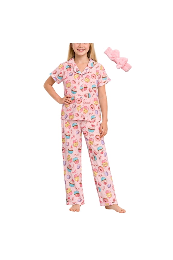 Girls Pajama Set Soft Cozy Button Down Sleepwear Pajamas for Girls with Spa Headband 2 Piece