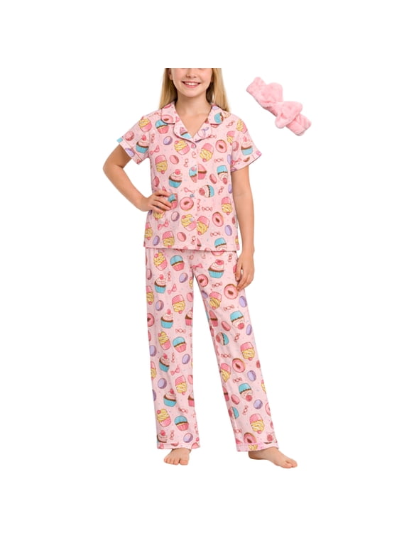 Girls Pajama Set Soft Cozy Button Down Sleepwear Pajamas for Girls with Spa Headband 2 Piece