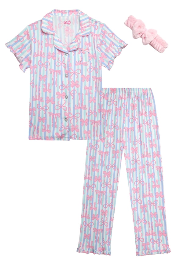 Girls' Pajama Set - 2 Piece Button Down Sleepwear Pajamas for Girls with Spa Headband (4-12)