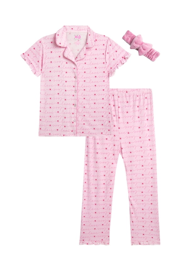 Girls' Pajama Set - 2 Piece Button Down Sleepwear Pajamas for Girls with Spa Headband (4-12)