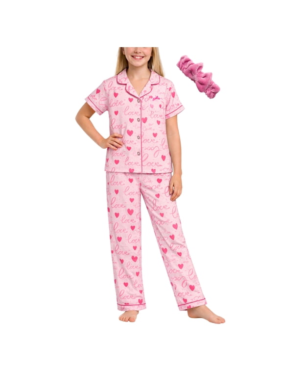 Girls Pajama Set Soft Cozy Button Down Sleepwear Pajamas for Girls with Spa Headband 2 Piece