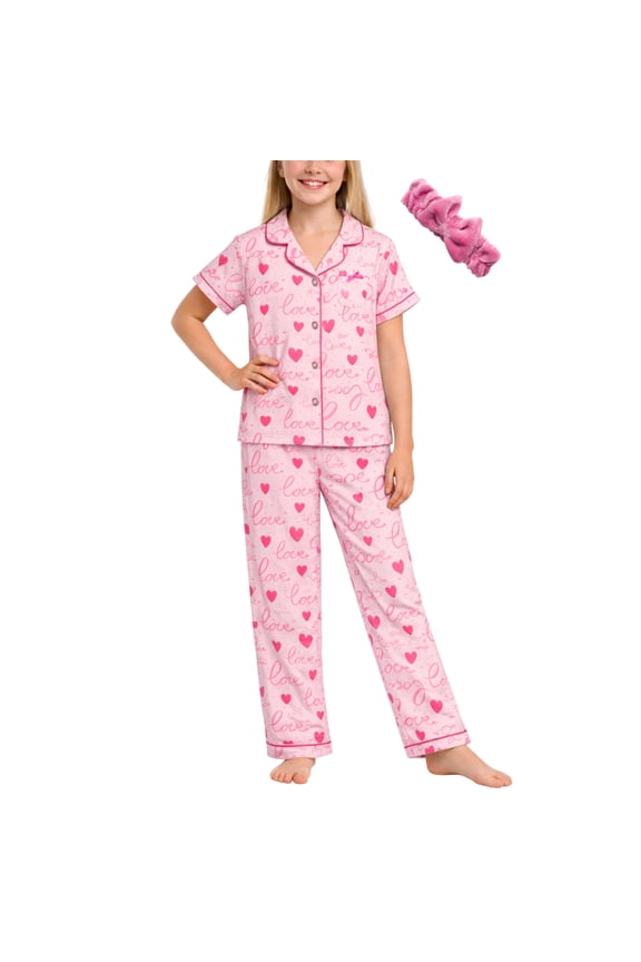 Girls Pajama Set Soft Cozy Button Down Sleepwear Pajamas for Girls with Spa Headband 2 Piece
