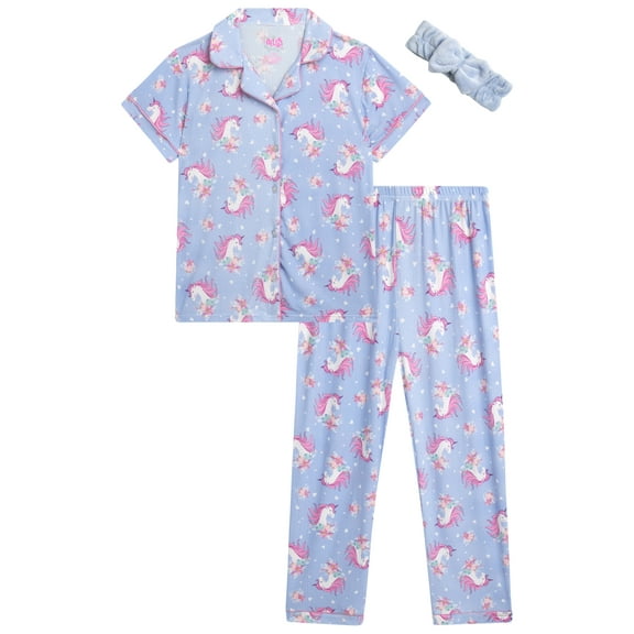 dELiA*s Girls' Pajama Set - 2 Piece Button Down Sleepwear Pajamas for Girls with Spa Headband (4-12)