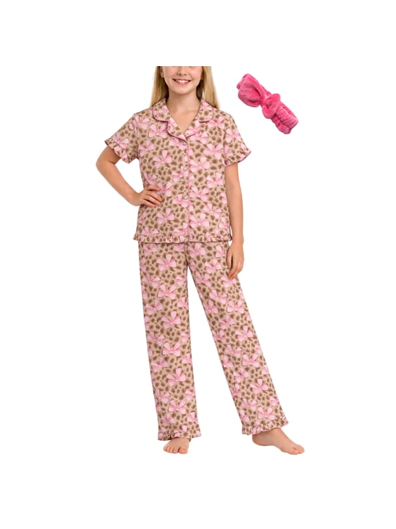 Girls Pajama Set Soft Cozy Button Down Sleepwear Pajamas for Girls with Spa Headband 2 Piece