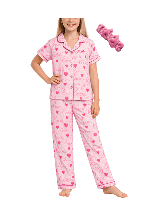 Girls Pajama Set Soft Cozy Button Down Sleepwear Pajamas for Girls with Spa Headband 2 Piece
