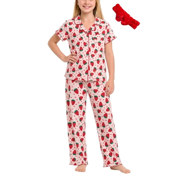 dELiA*s Girls Pajama Set Soft Cozy Button Down Sleepwear Pajamas for Girls with Spa Headband 2 Piece