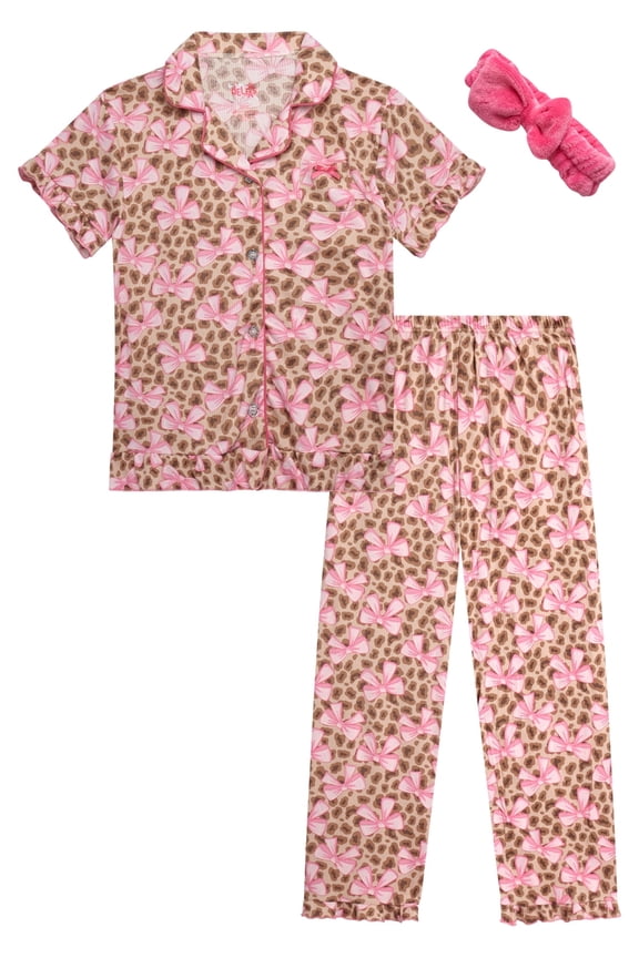 Girls' Pajama Set - 2 Piece Button Down Sleepwear Pajamas for Girls with Spa Headband (4-12)