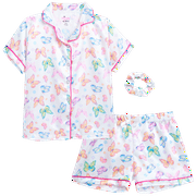 dELiA*s Girls' Pajama Set - 2 Piece Silky Soft Satin Button Down Sleep Shirt and Lounge Shorts, Hair Scrunchie (7-16)