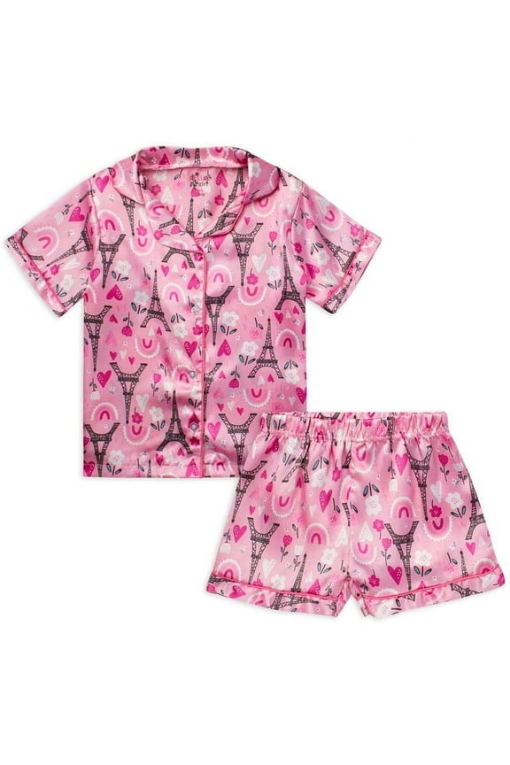 Girls' Pajama Set - 2 Piece Silky Soft Satin Button Down Sleep Shirt and Pajama Shorts (Sizes: 4-16)