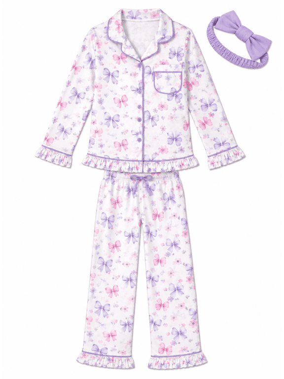 Girls Pajama Set Soft Cozy Button Down Sleepwear Pajamas for Girls with Spa Headband 2 Piece
