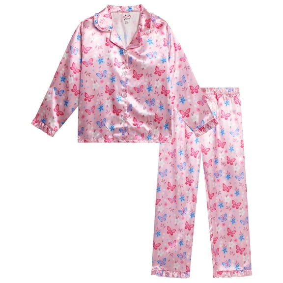 dELiA*s Girls Pajamas - 2 Piece Collared Button Down Long Sleeve Satin Pajamas and Pants Set (7-12)