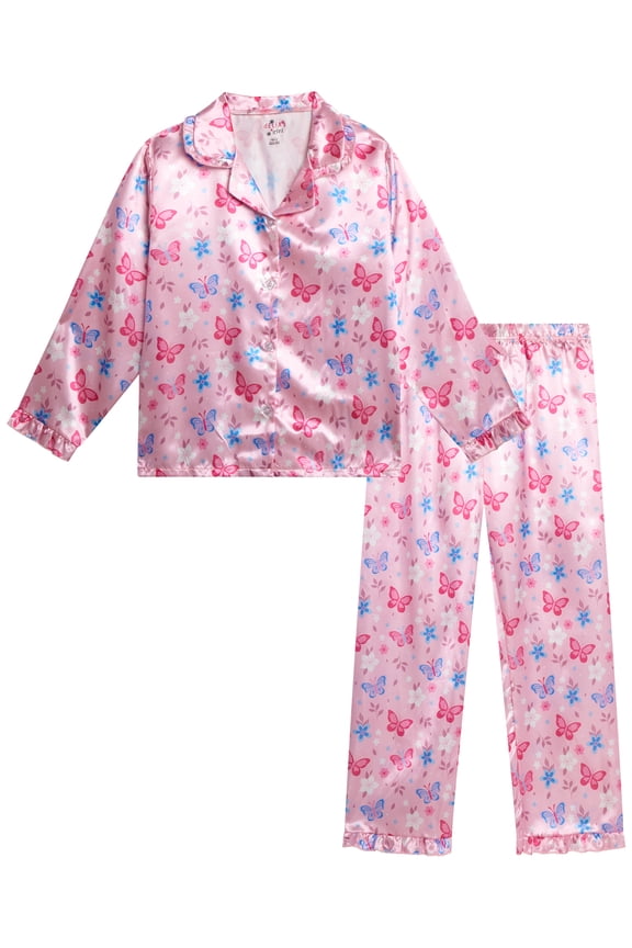 Girls Pajamas - 2 Piece Collared Button Down Long Sleeve Satin Pajamas and Pants Set (7-12)