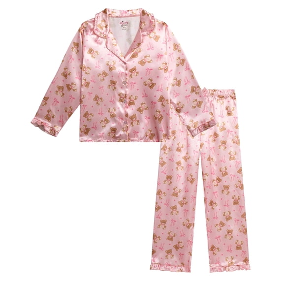 dELiA*s Girls Pajamas Satin Collared Button Down Long Sleeve Sleep Shirt & Bottoms Set 2 Piece