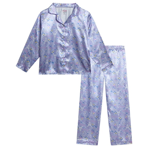 dELiA*s Girls Pajamas - 2 Piece Collared Button Down Long Sleeve Satin Pajamas and Pants Set (7-12)