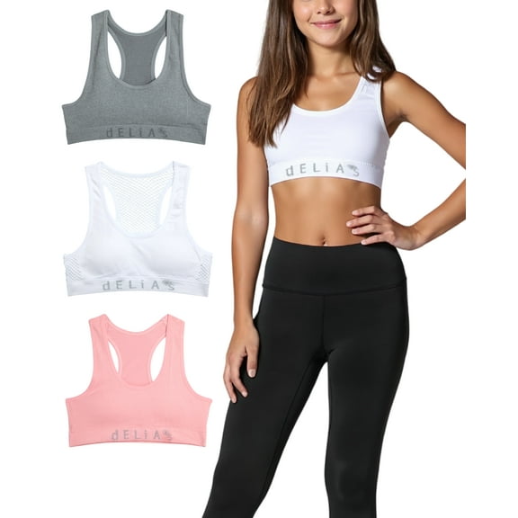 dELiA*s Girls' Sports Bra - 3 Pack Seamless Racerback Padded Support Training Bras for Girls (32A-36A)