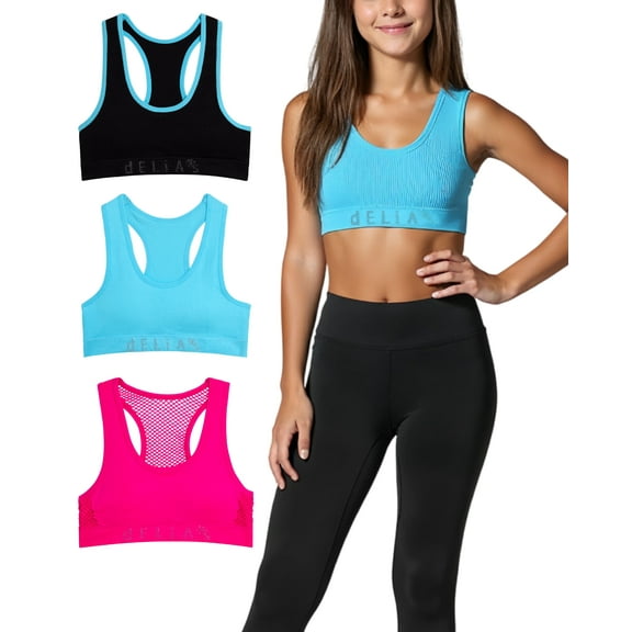 dELiA*s Girls' Sports Bra - 3 Pack Seamless Racerback Padded Support Training Bras for Girls (32A-36A)