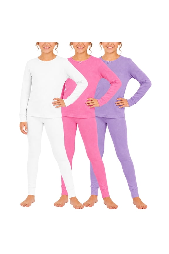 Girls Thermal Underwear Set Waffle Knit Shirt and Long Johns (2T-16), Lavender/White/Medium Pink