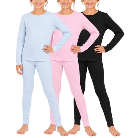 dELiA*s Girls Thermal Underwear Set Waffle Knit Shirt and Long Johns (2T-16), Black/Pink/Light Blue