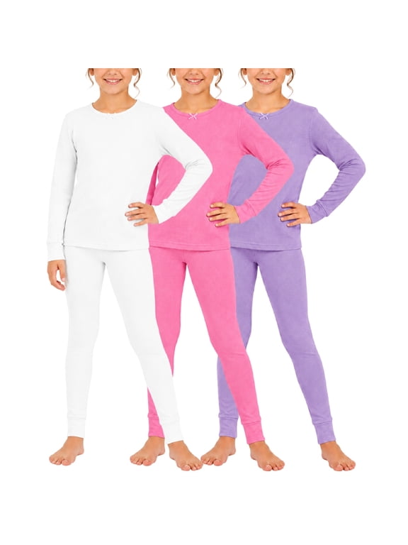 Girls Thermal Underwear Set Waffle Knit Shirt and Long Johns (2T-16), Lavender/White/Medium Pink