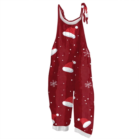 dGslk Christmas Gnome Print Sleeveless Jumpsuit Adjustable Strap Loose Fit Overalls for Women Holiday Casual Romper Pants Deep Red E S