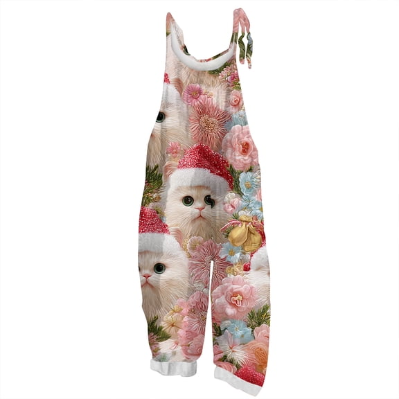 dGslk Christmas Gnome Print Sleeveless Jumpsuit Adjustable Strap Loose Fit Overalls for Women Holiday Casual Romper Pants Pink D S