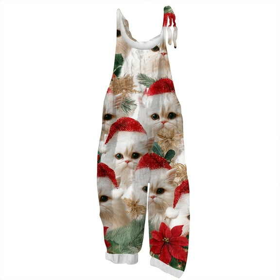dGslk Christmas Gnome Print Sleeveless Jumpsuit Adjustable Strap Loose Fit Overalls for Women Holiday Casual Romper Pants Vermilion D L