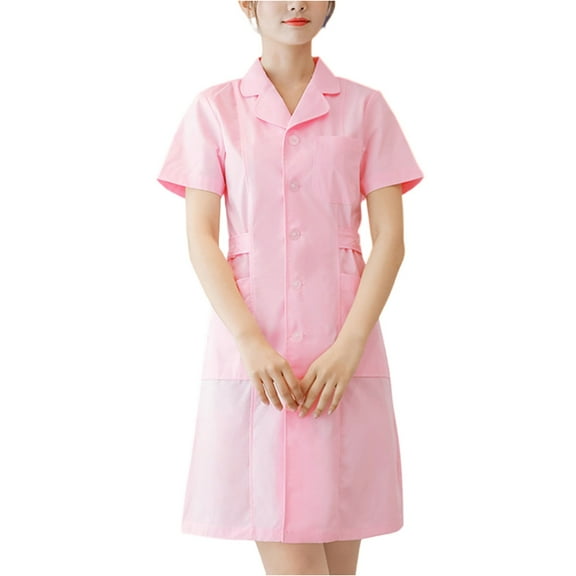 dGslk DC25 Women's Short Sleeve Button-Front Work Dress, Lightweight Pink Uniform Dress with Pockets for Nurses, Spa, Salon, Hospitality, Medical, and Cleaning Staff