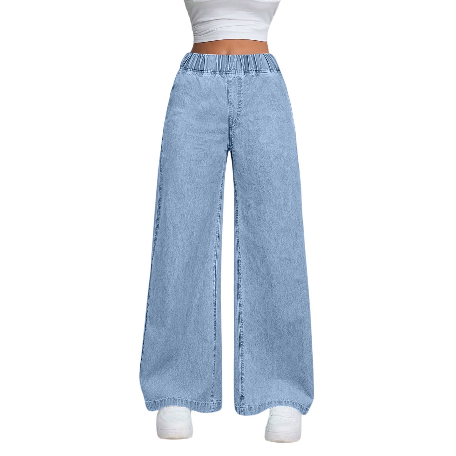 Ladies Fashion Blue Wide Leg Trousers For Women Mid Waisted Loose Casual Straight Denim Jeans