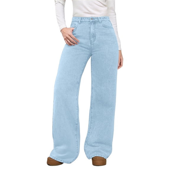 dGslk High Waist Wide Leg Jeans for Women Stretchy Loose Fit Denim Pants with Pockets Casual Trendy Trousers for Daily Wear Light Blue M