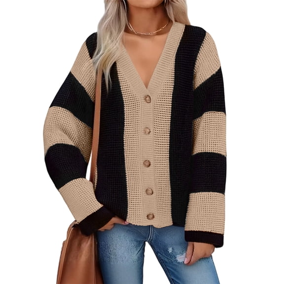 dGslk Ladies New Casual Loose Contrast Striped Sweater Cardigan Jacket Khaki M