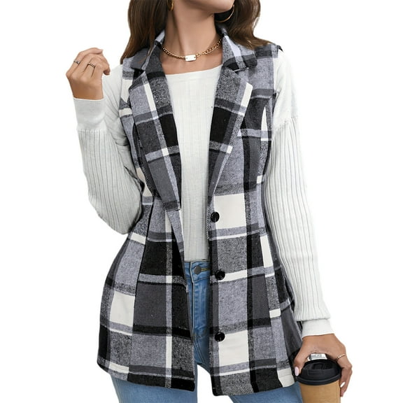 dGslk Ladies' Plaid Fashion Women's Clothing Lapel Suit Vest Plaid Top Jacket Dark Gray M