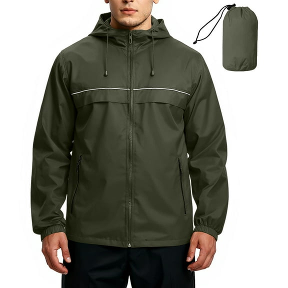 dGslk Lightweight Waterproof Hooded Windbreaker Jacket for Men with Adjustable Drawstring and Full Zip Closure for Outdoor Activities Army Green L
