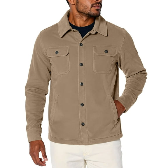 dGslk Men Button Down Shirt Jacket Long Sleeve Casual Lightweight Outerwear with Pockets Classic Fit Comfortable Design Khaki L