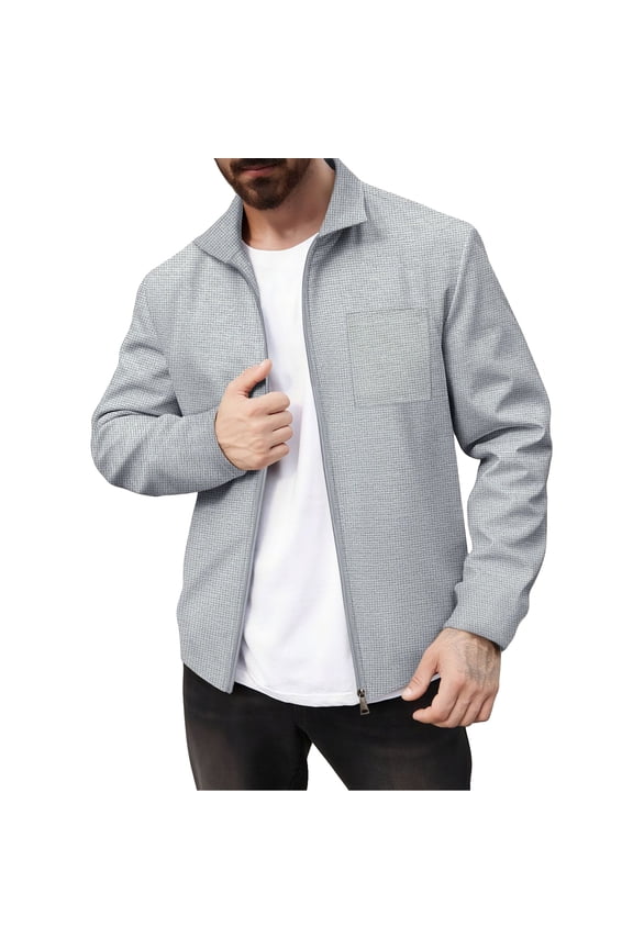 Men Casual Lightweight Zip Up Jacket Long Sleeve Stand Collar Outerwear with Chest Pocket for Daily Wear Gray L